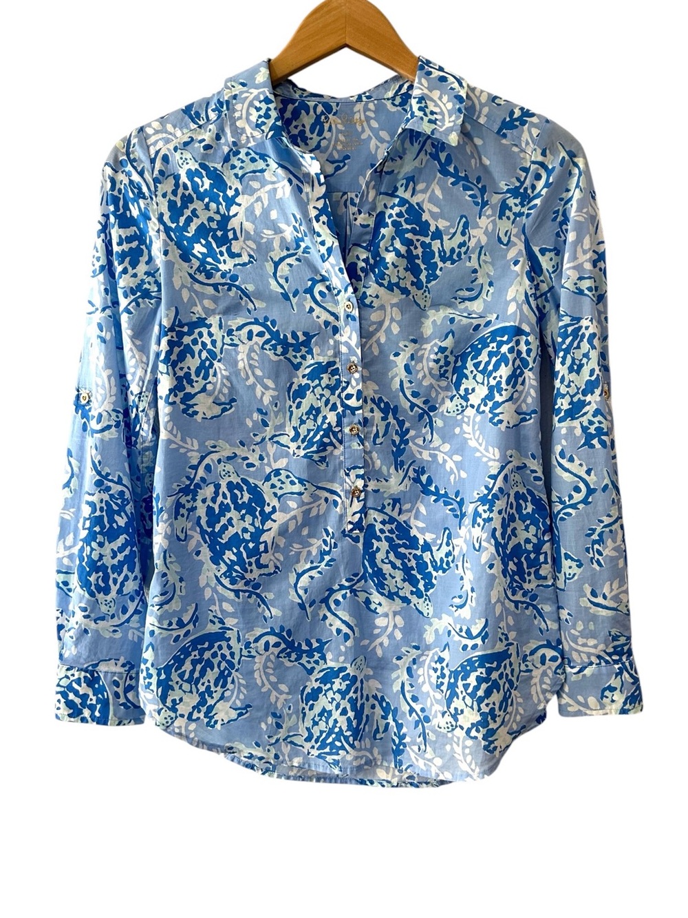 LIlly Pulitzer Captiva top XXS Turtlery Awesome blue white cotton roll tab